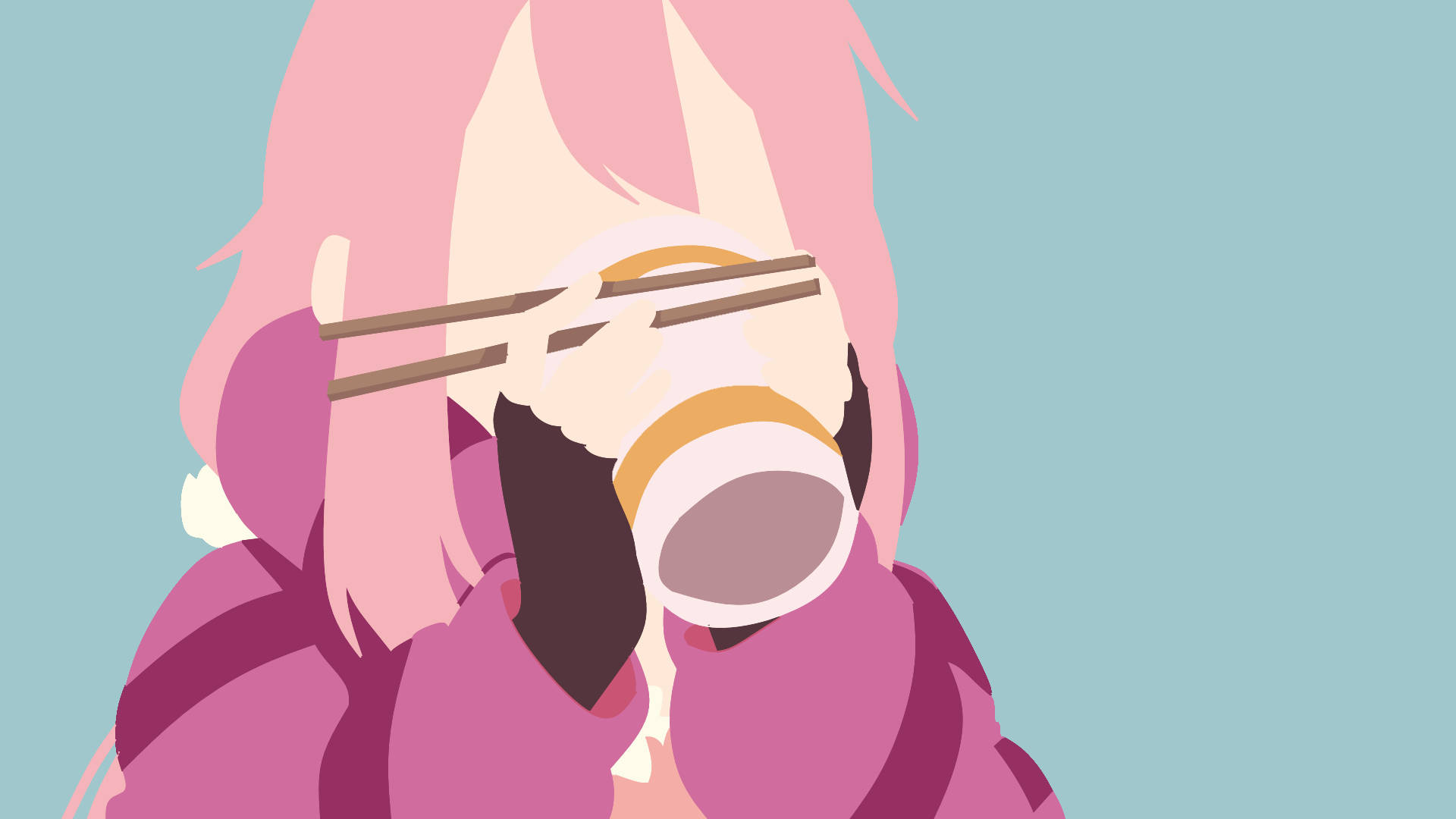 Laid Back Camp Nadeshiko 簡約藝術 壁紙 — 一個風格化的動漫女孩，粉紅色頭髮，拿著筷子放在杯子上方，穿著紫色連帽衫，背景是柔和的藍色。