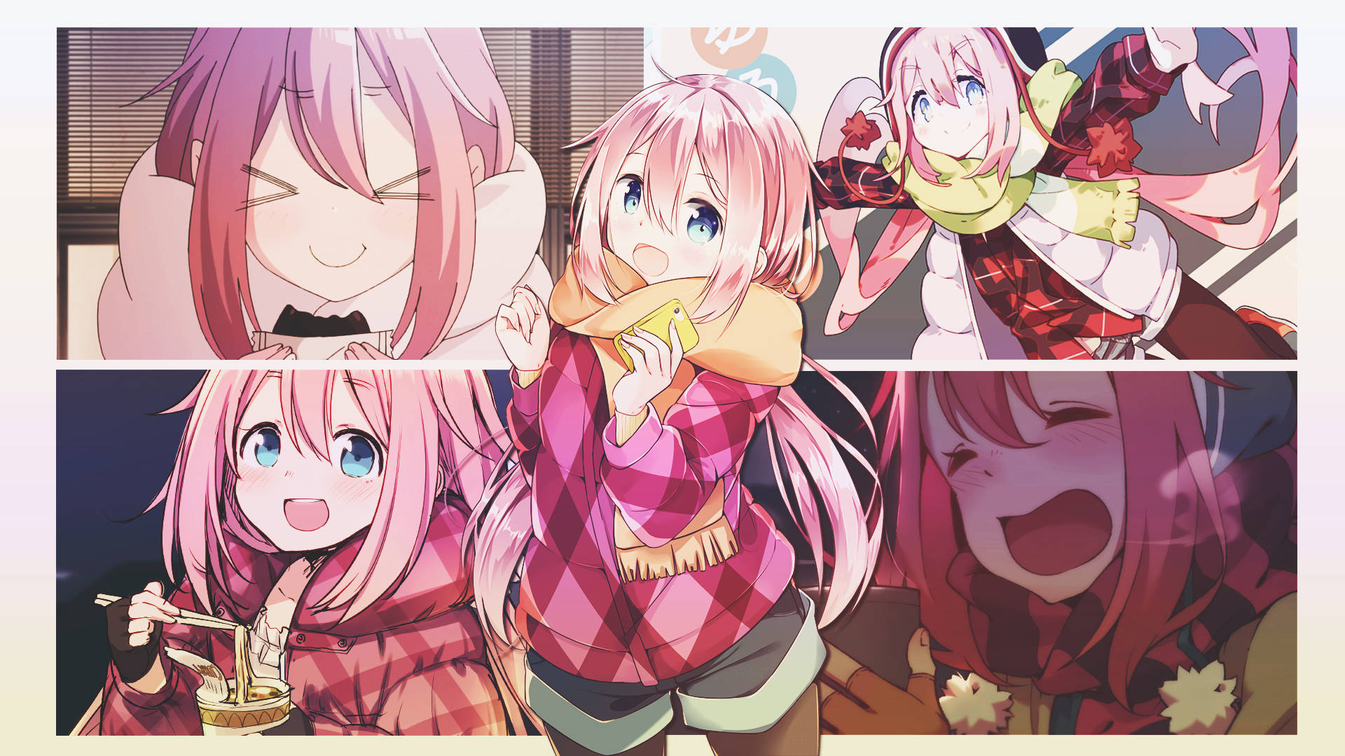 Laid Back Camp Nadeshiko 拼貼藝術 壁紙 — 五位粉紅色頭髮的動漫女孩穿著舒適的冬季服裝，在溫暖的室內場景中笑著吃麵條。