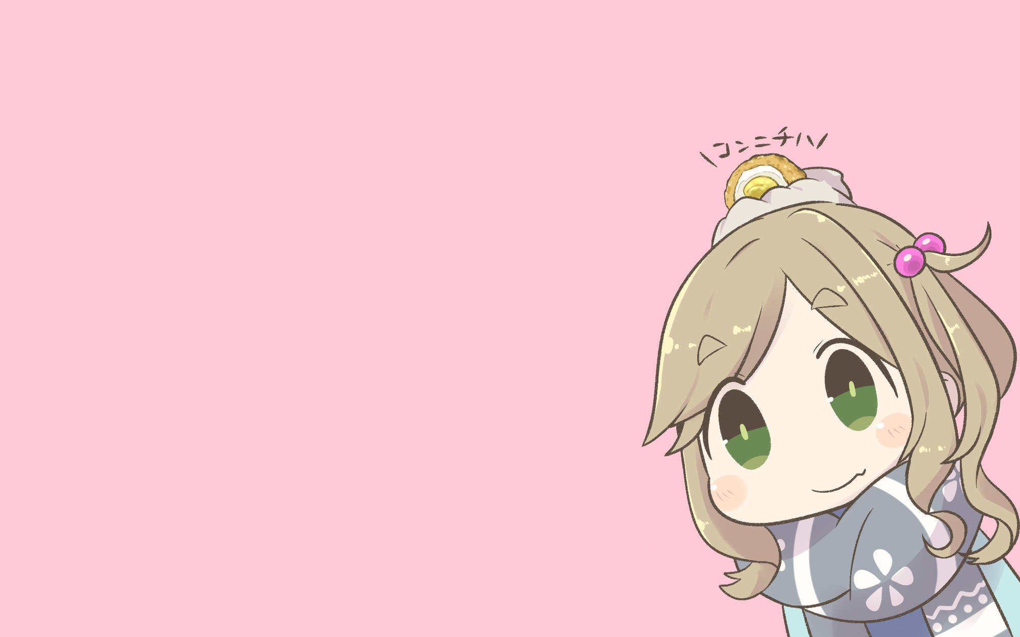 Laid Back Camp Q 版 Aoi Inuyama 壁紙 — 一個可愛的動漫女孩，綠色眼睛和金色頭髮，在柔和的粉紅色背景上愉快地揮手。