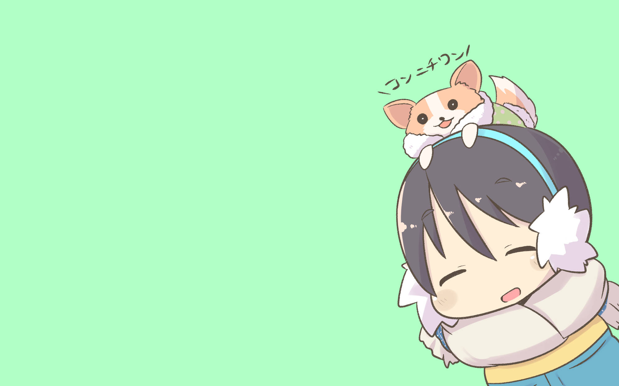 Laid Back Camp Q 版 Ena Saito 壁紙 — 一個開朗的動漫女孩，深色頭髮，白色毛絨圍巾，微笑著，一隻小柯基犬坐在她的頭上說こんにちは，背景是薄荷綠色。