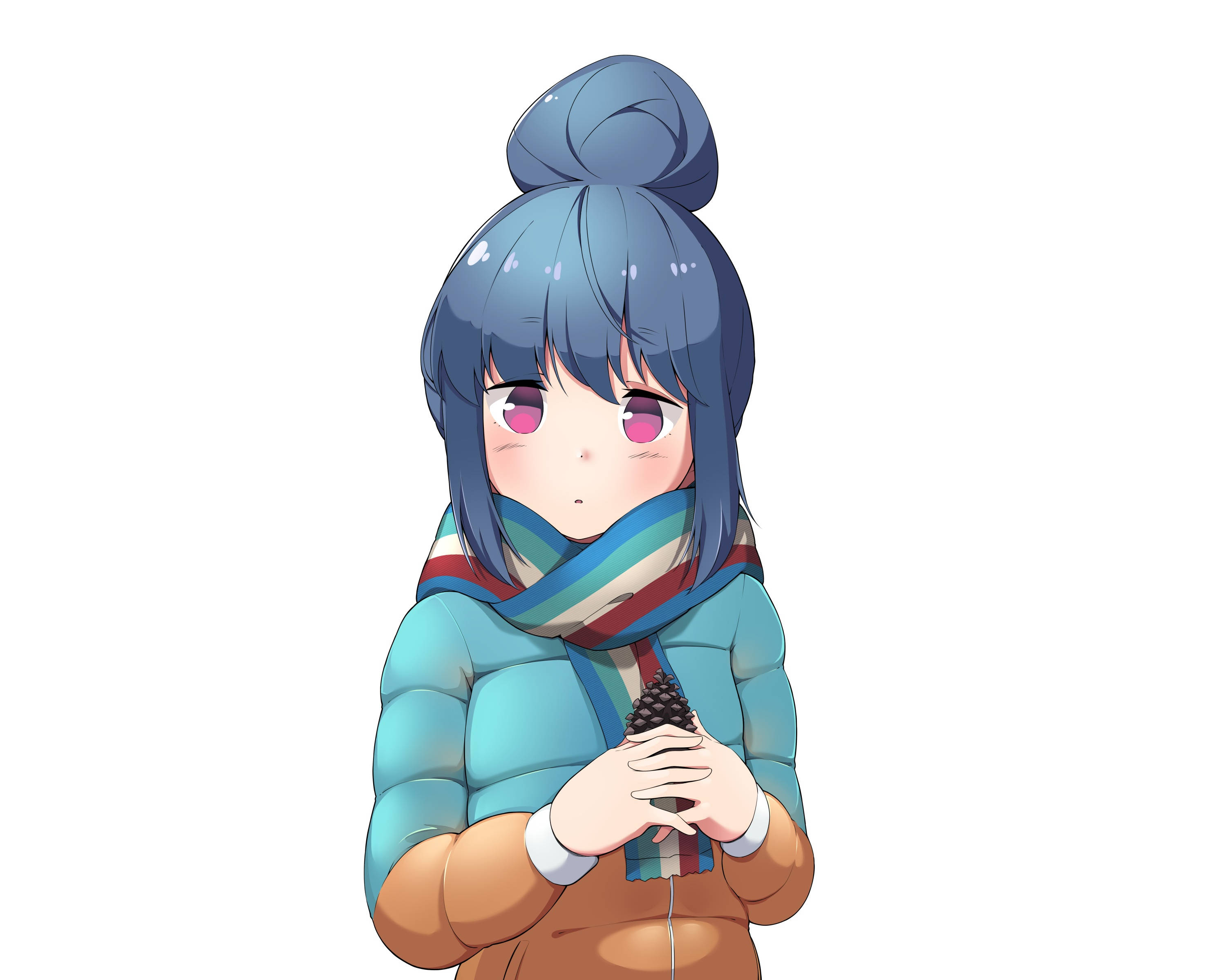 Laid Back Camp Rin Shima 藝術畫 壁紙 — 藍髮粉紅眼動漫女孩，戴著彩色圍巾和蓬鬆外套，手持松果。
