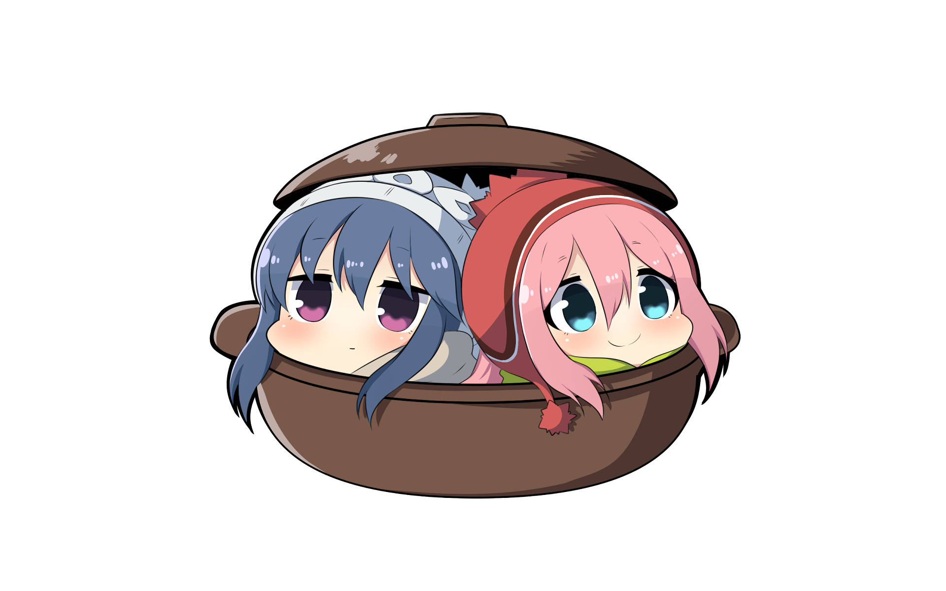Laid Back Camp 可愛鍋具藝術 壁紙 — 兩個Q版動漫女孩從一個蓋子微開的棕色鍋子裡探出頭來。