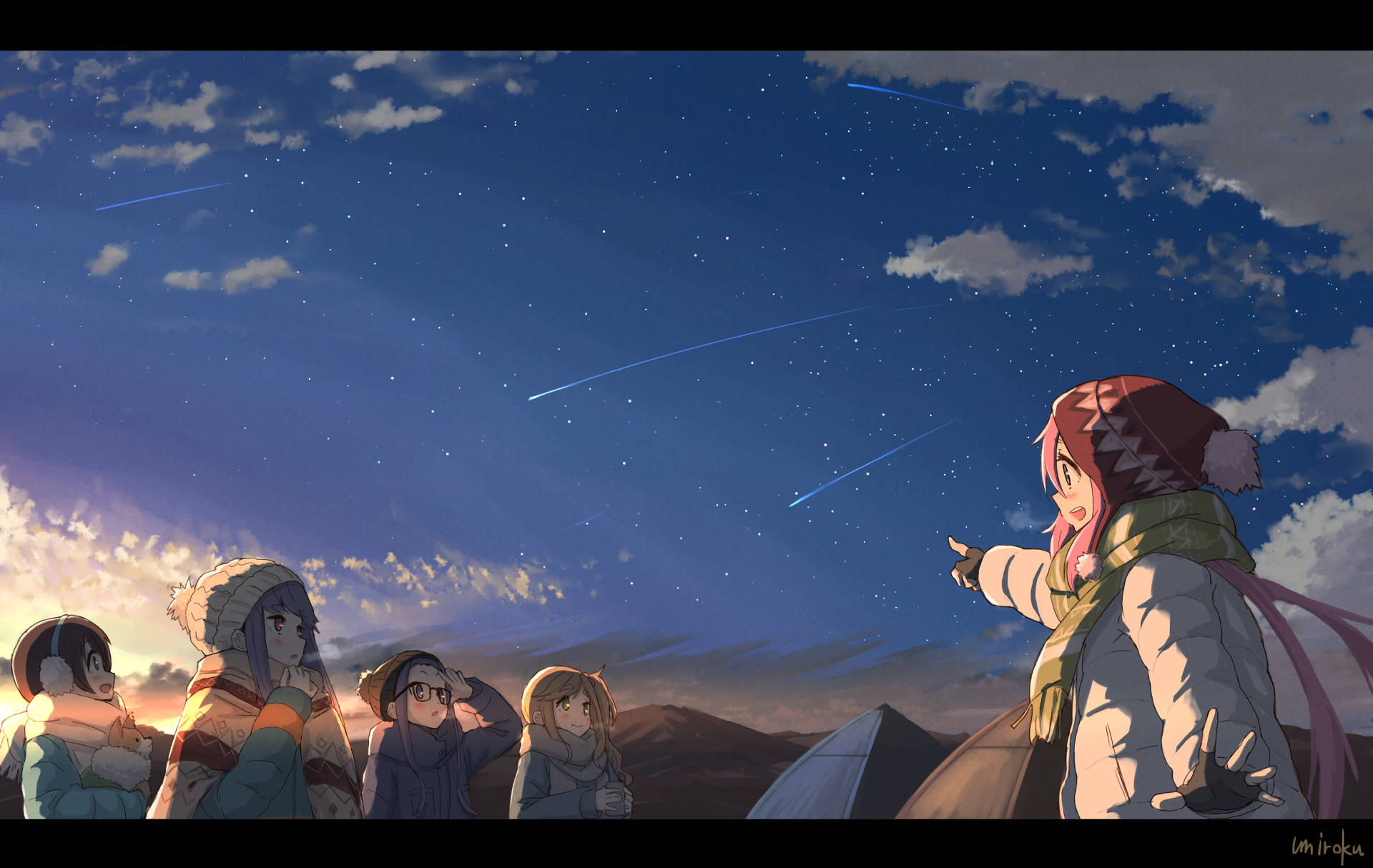 Laid Back Camp 流星夜 壁紙 — 五個動畫女孩穿著冬季裝備仰望星空，流星劃過天際。