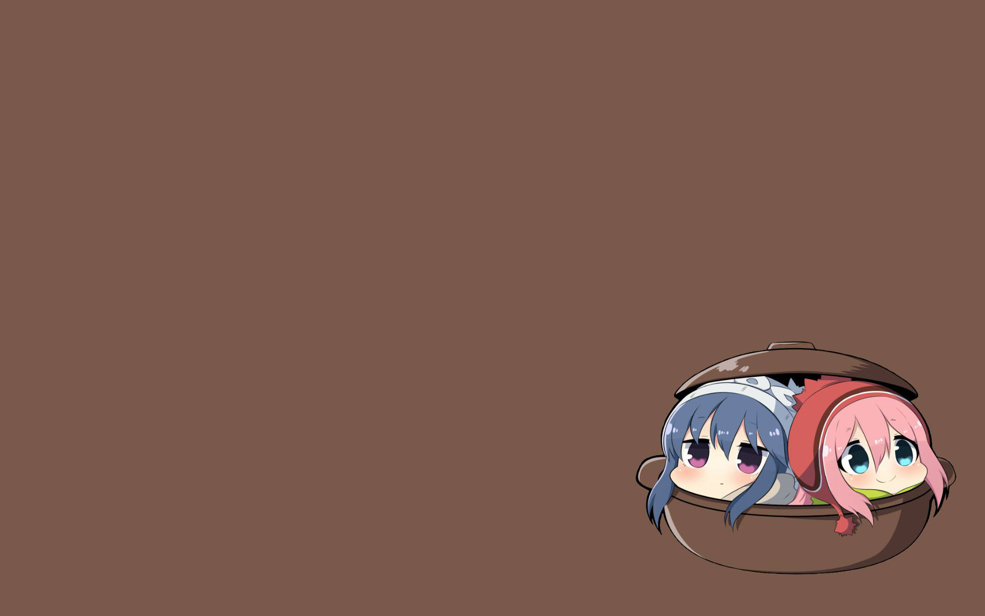 Laid Back Camp 角色棕色背景 壁紙 — 兩個動漫女孩從一個棕色鍋中探出頭來，背景是純棕色。