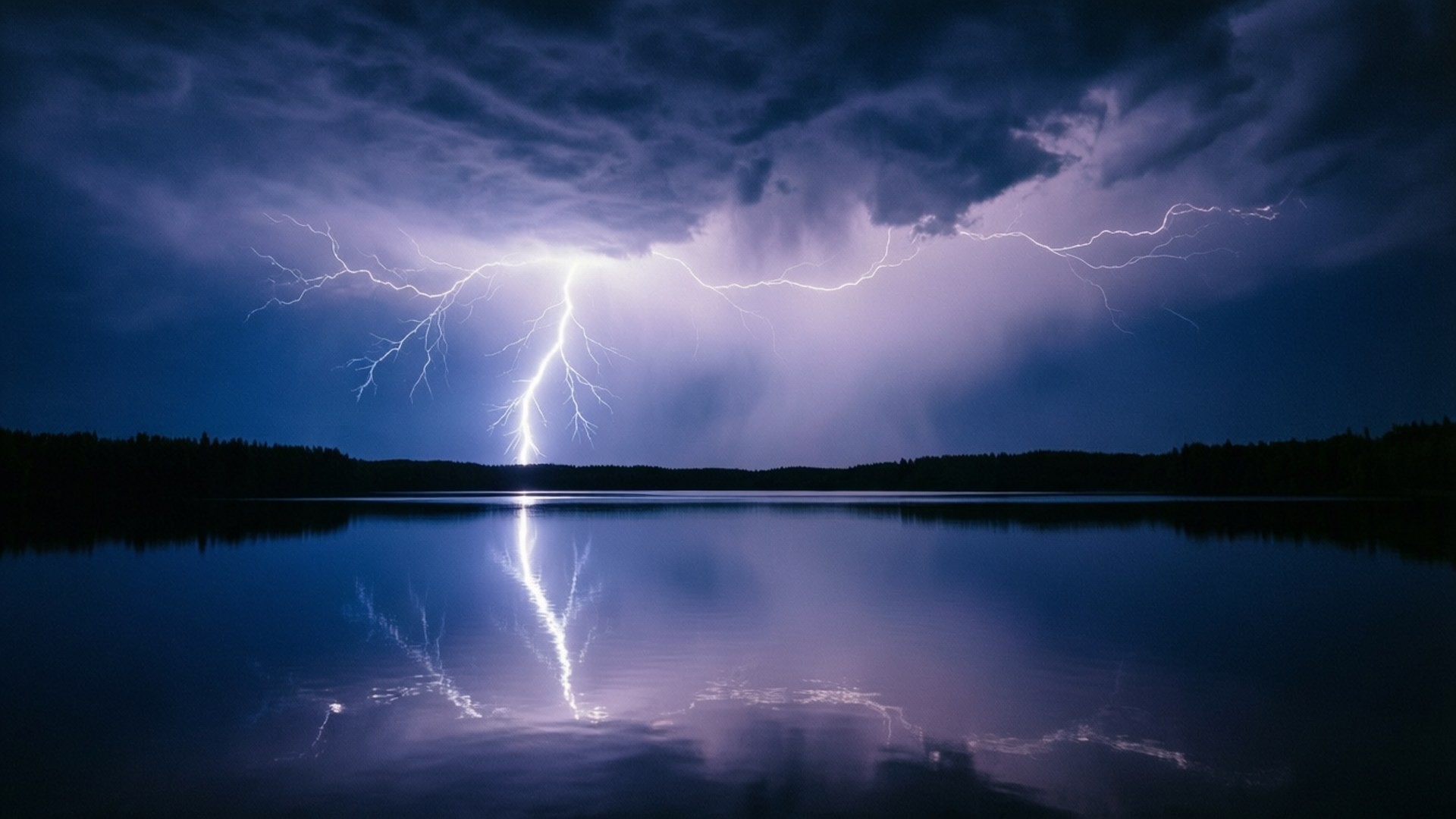 一道強烈的閃電照亮了暴風雨的夜空，倒映在平靜的湖面上，岸邊有黑暗的樹木。