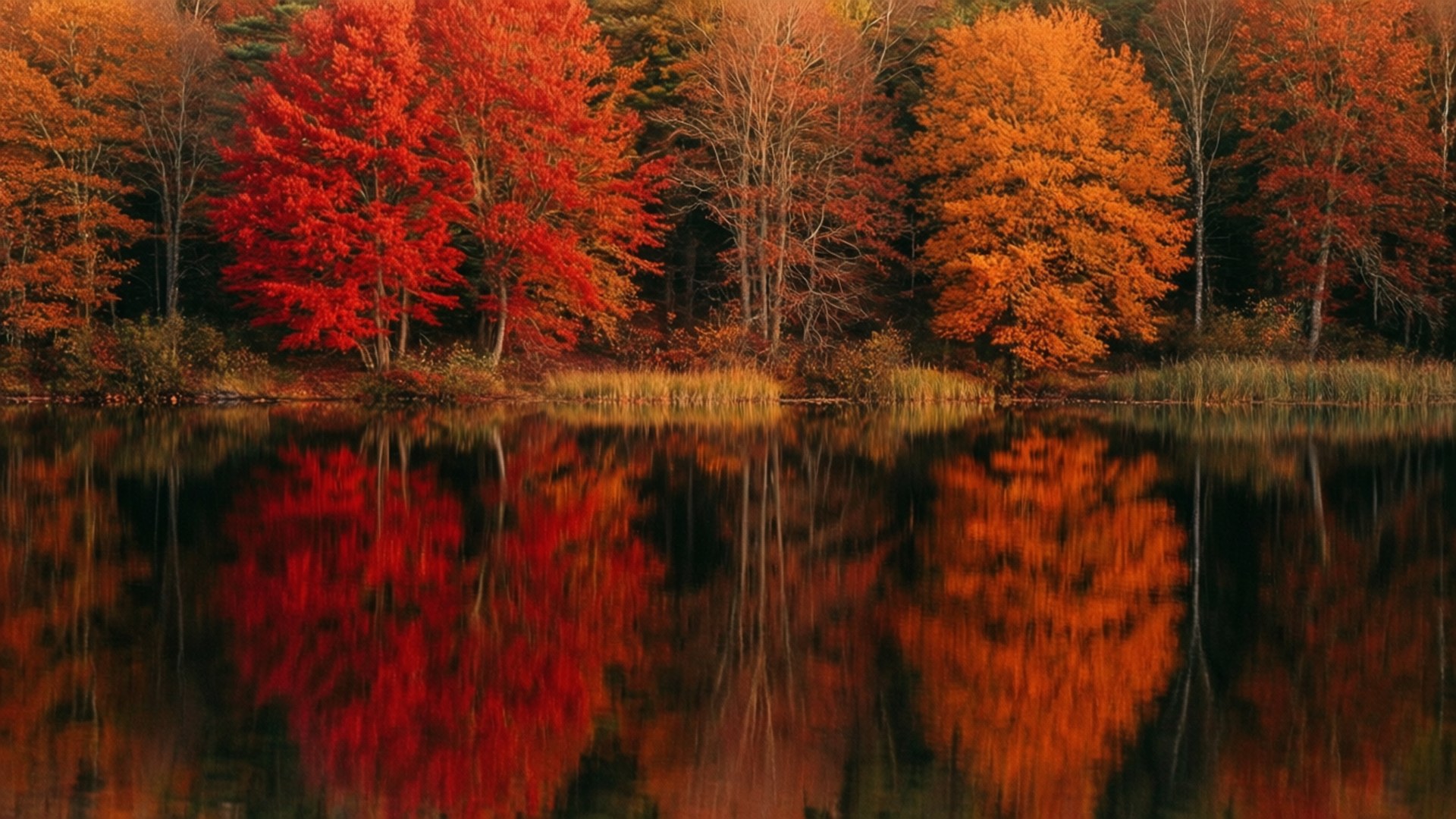 平靜水面倒映的紅色和橙色秋葉