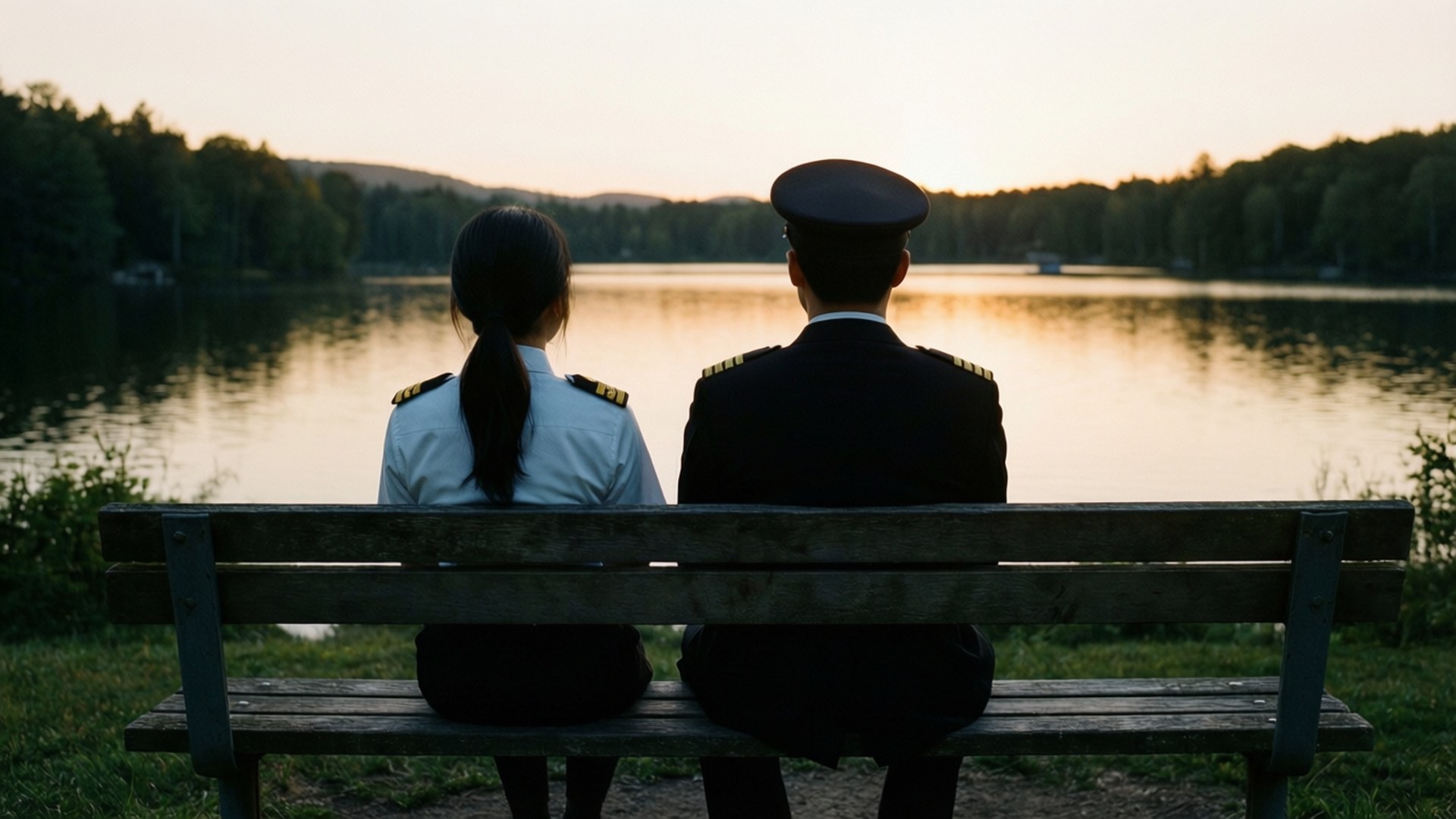 軍人情侶身穿軍裝坐在長椅上，面向日落時的湖泊