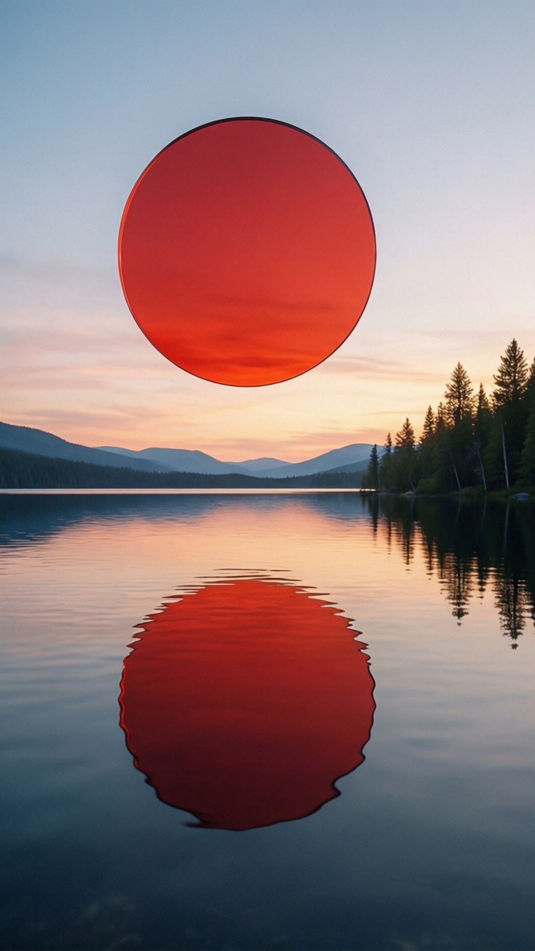 一個巨大的紅色球體漂浮在平靜的湖面上，其倒影在下方蕩漾，周圍環繞著樹木和山脈，日落時分
