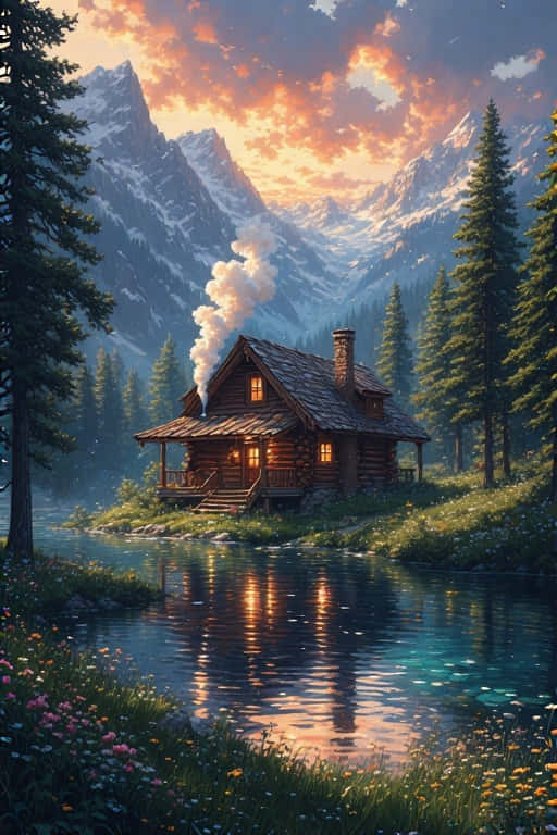 河邊舒適小屋，群山和野花，夕陽