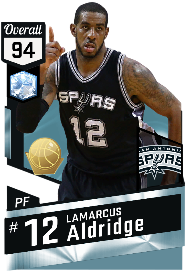 LaMarcus Aldridge 聖安東尼奧馬刺隊球員卡 壁紙 — 拉馬庫斯·阿爾德里奇身穿聖安東尼奧馬刺隊12號球衣，在數位籃球卡上以總評分94向上指點。