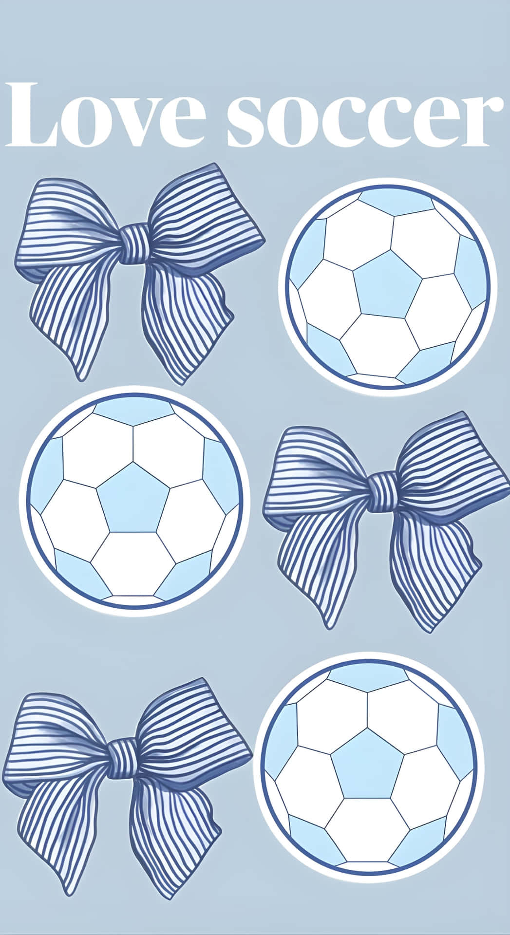  壁紙 — 藍白條紋蝴蝶結和足球排列在淺藍色背景上，並帶有「Love soccer」文字。