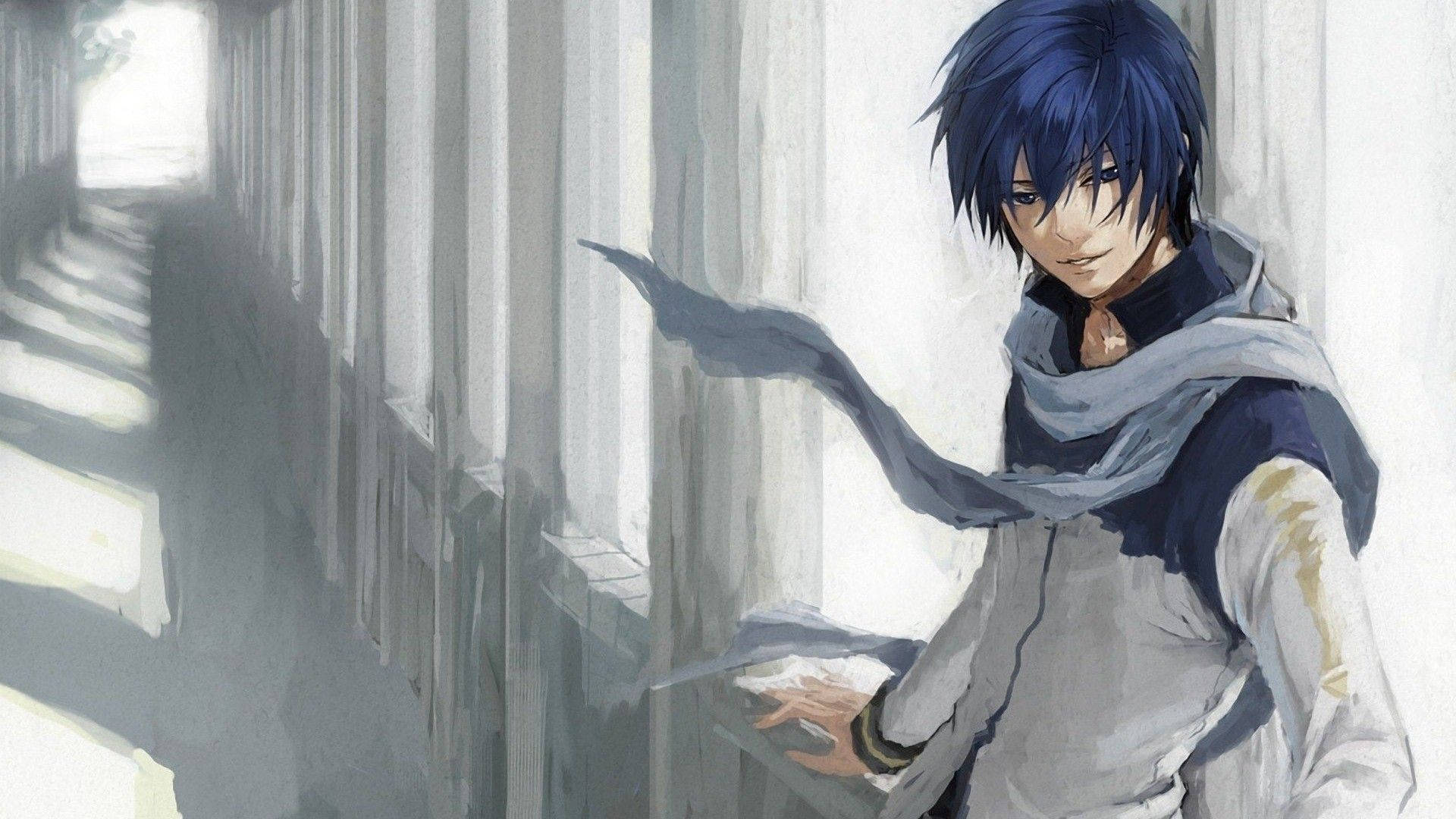 藍髮動漫男孩靠在陽光照射的走廊牆上，戴著灰色圍巾。