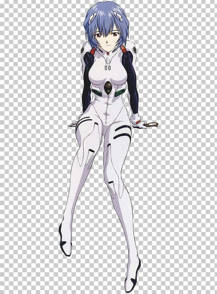 Yui Ikari 桌布 壁紙 — 藍髮動漫女孩穿著白色和黑色插頭套裝站立手持武器。