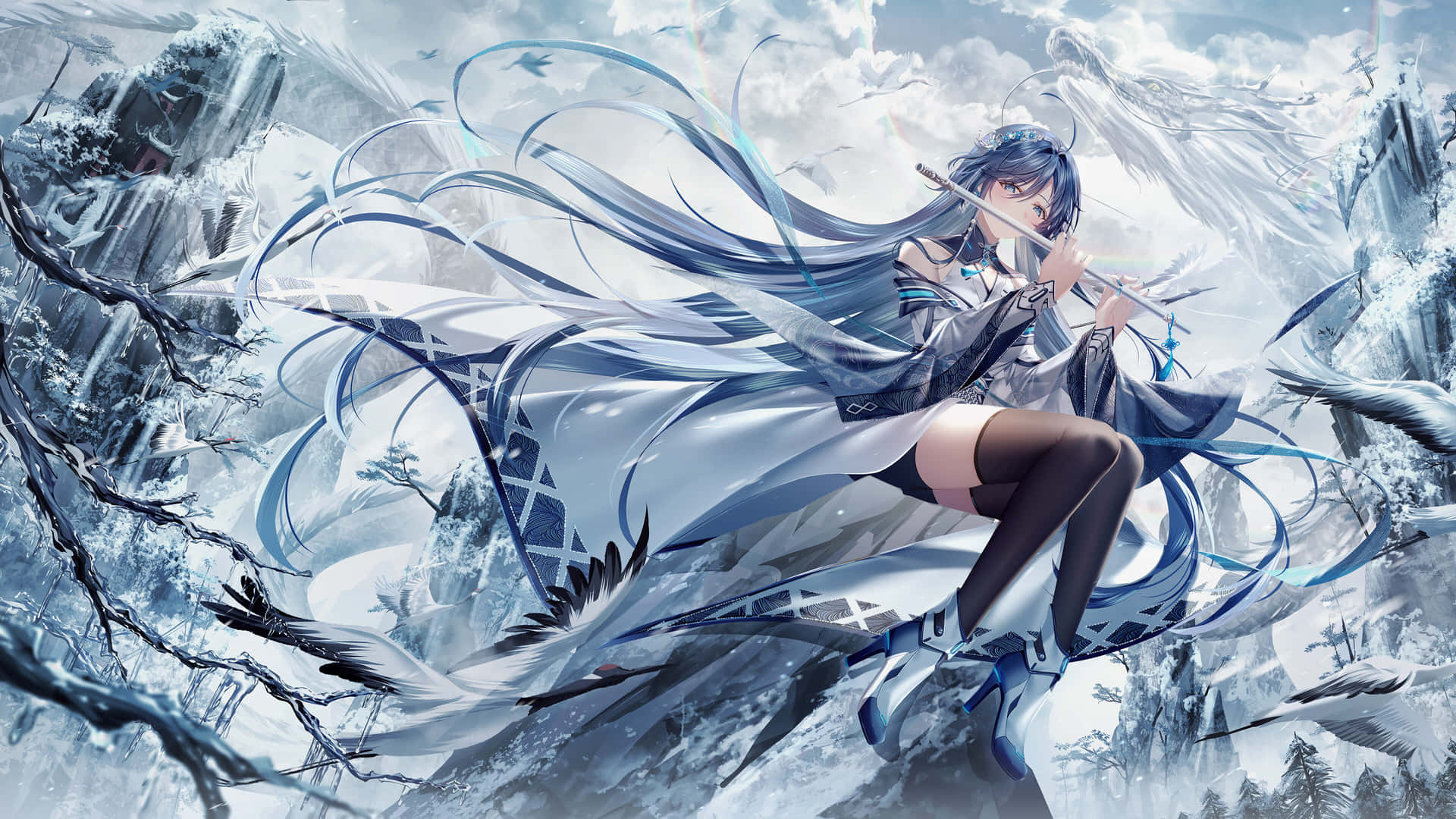  壁紙 — 一位藍髮動漫女孩穿著飄逸的白色外套，在旋轉的冰冷風雪和雪覆蓋的懸崖中吹奏長笛。