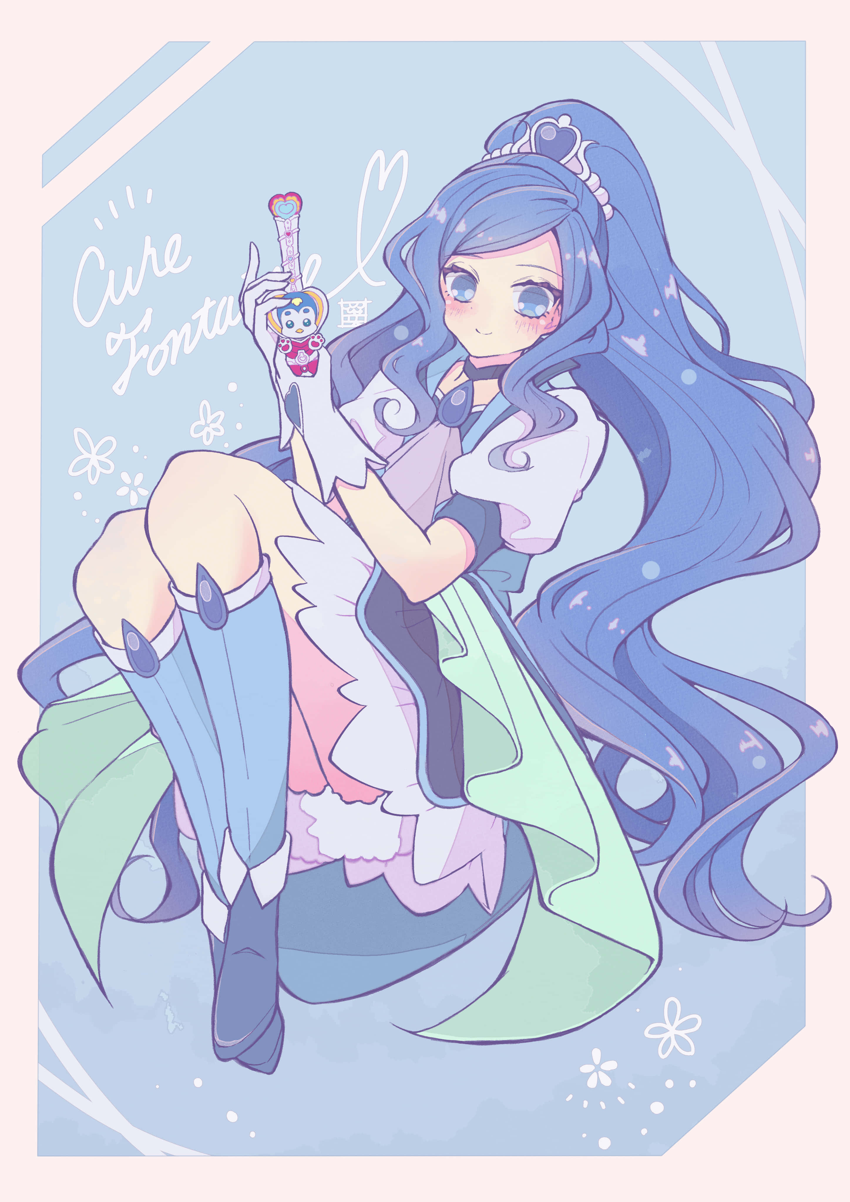 Nejire Hado 桌布 壁紙 — 一位藍髮動漫女孩穿著柔和色調的服裝，在柔和的淺藍色背景前手持帶有笑臉的魔法棒。