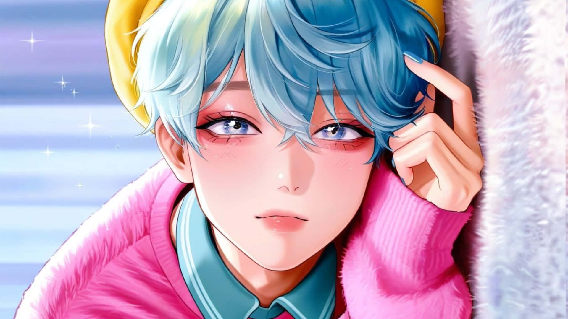  壁紙 — 一個藍髮動漫男孩穿著粉紅色毛衣，靠著毛絨絨的白色表面，背景閃閃發光。