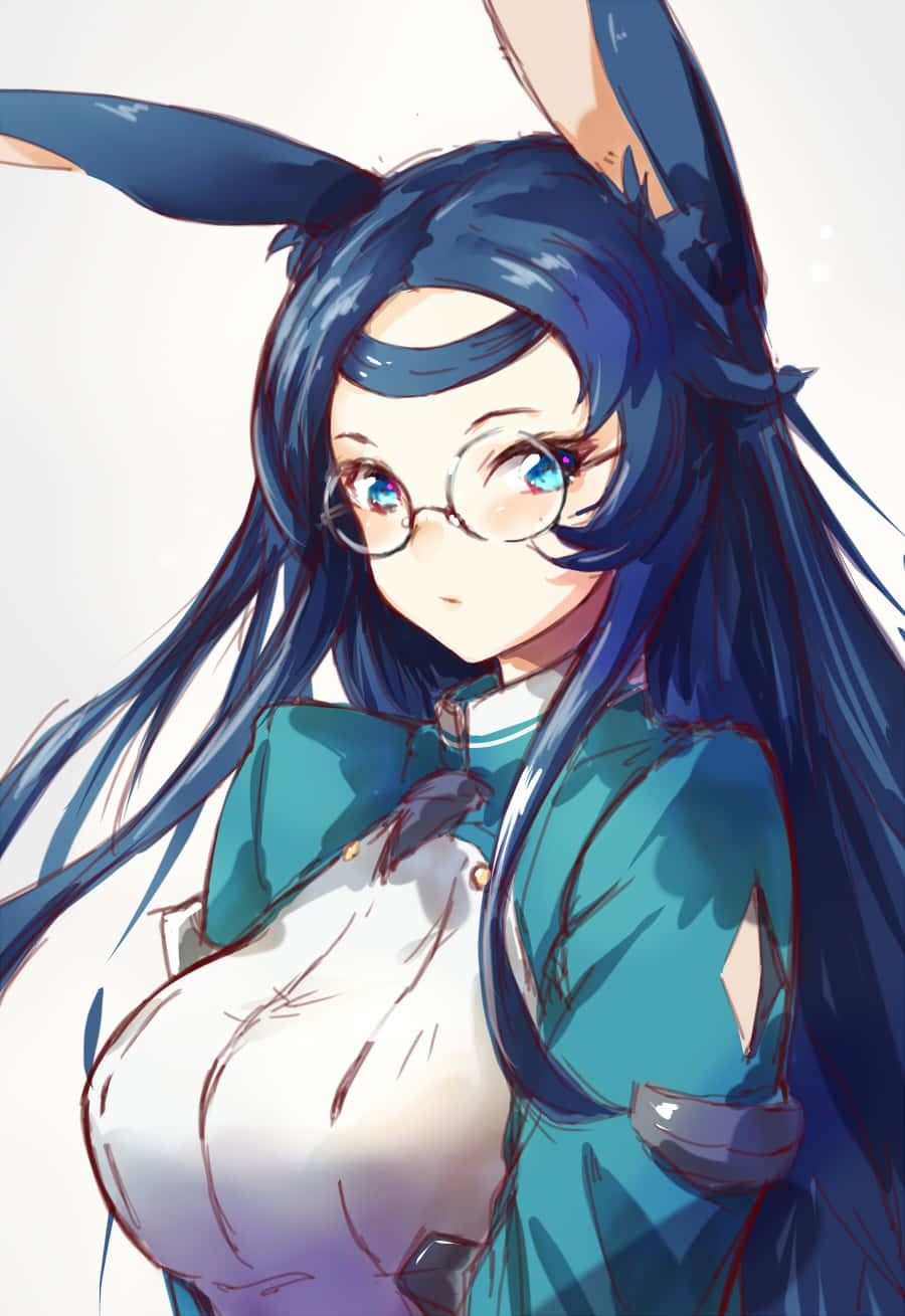 Azur Lane Souryuu 桌布 壁紙 — 一位藍髮動漫女孩戴著兔耳和眼鏡，穿著青綠色服裝，背景是柔和的白色。