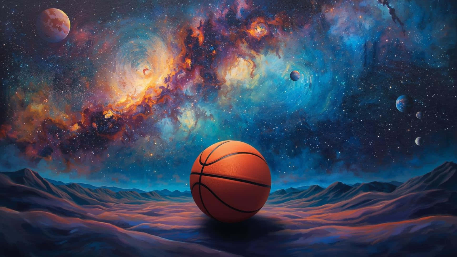  壁紙 — 一個籃球放在一個宇宙景觀上，下方是充滿旋轉恆星和遙遠行星的鮮豔星雲。