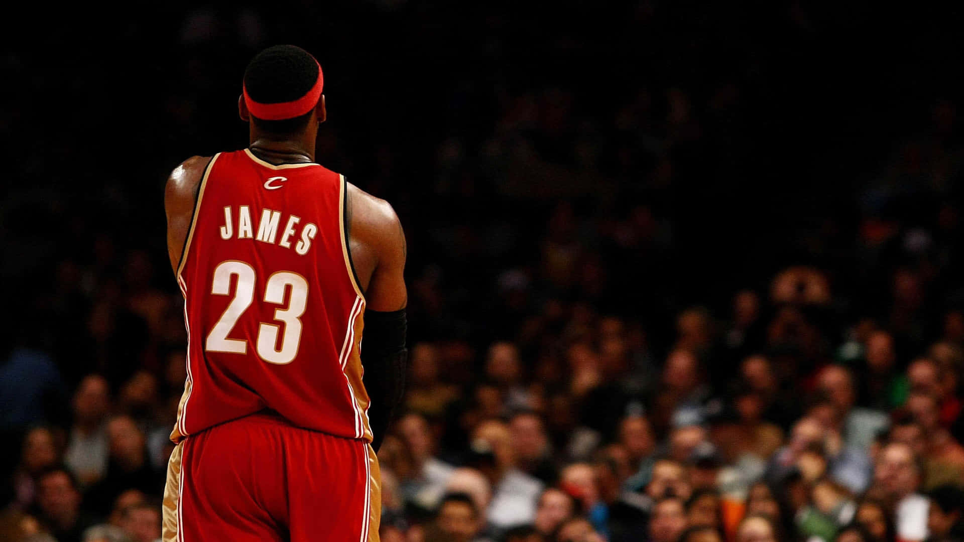 籃球運動員James身穿23號紅色球衣面向人群的背面視角。