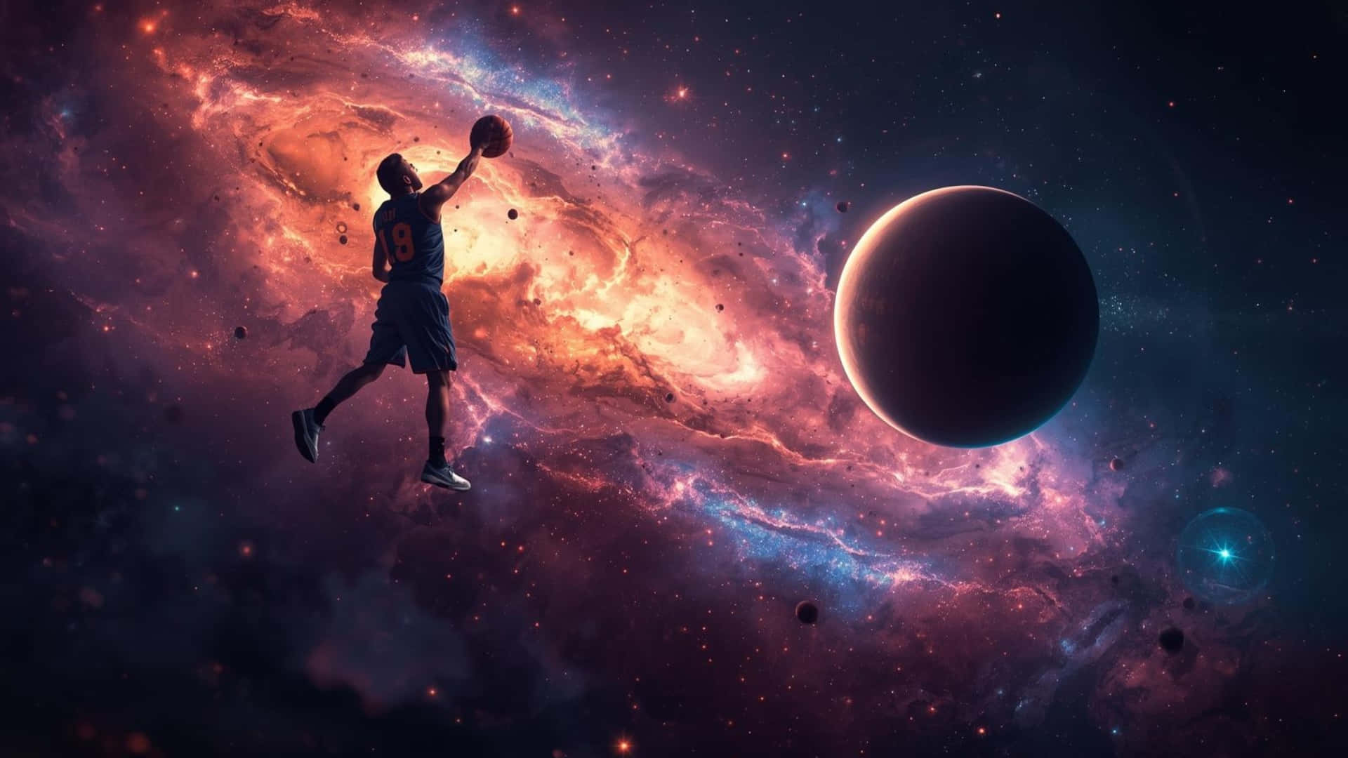  壁紙 — 一名籃球運動員在旋轉星雲和一顆黑暗行星的宇宙背景下跳躍。