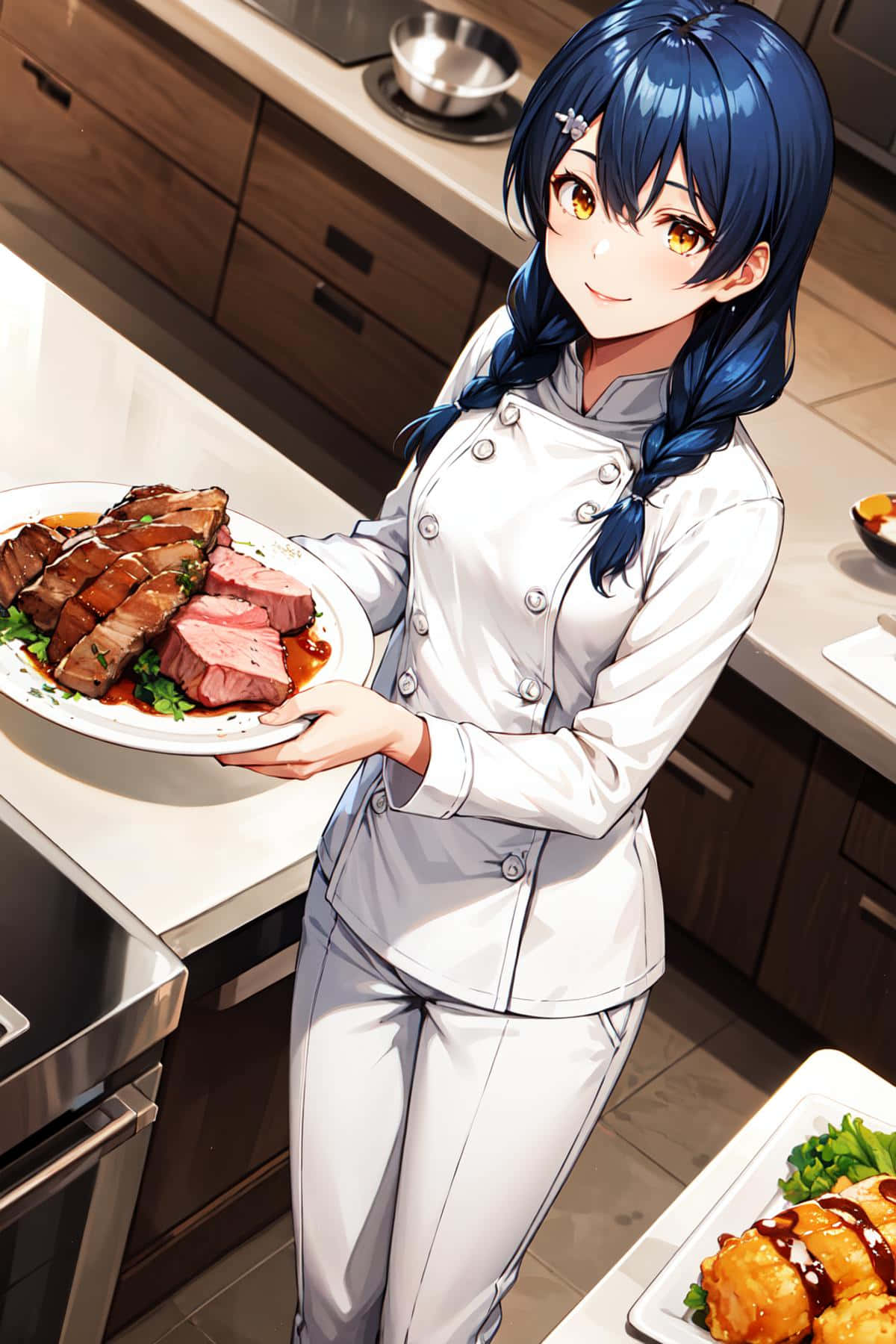  壁紙 — 藍色辮子動漫廚師在現代廚房自豪地展示一盤切片烤肉。
