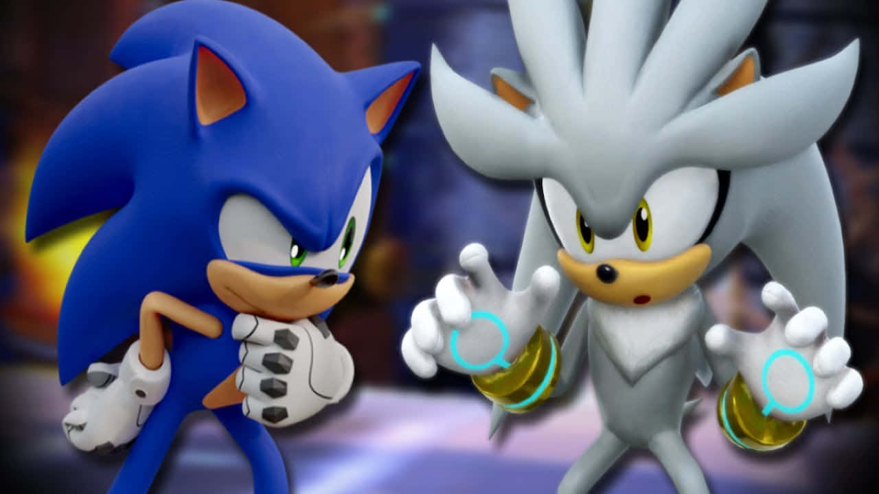 壁紙 — 藍色刺蝟Sonic和銀色刺蝟Silver在一個動態的3D渲染場景中面對面站立，周圍有發光的戒指。