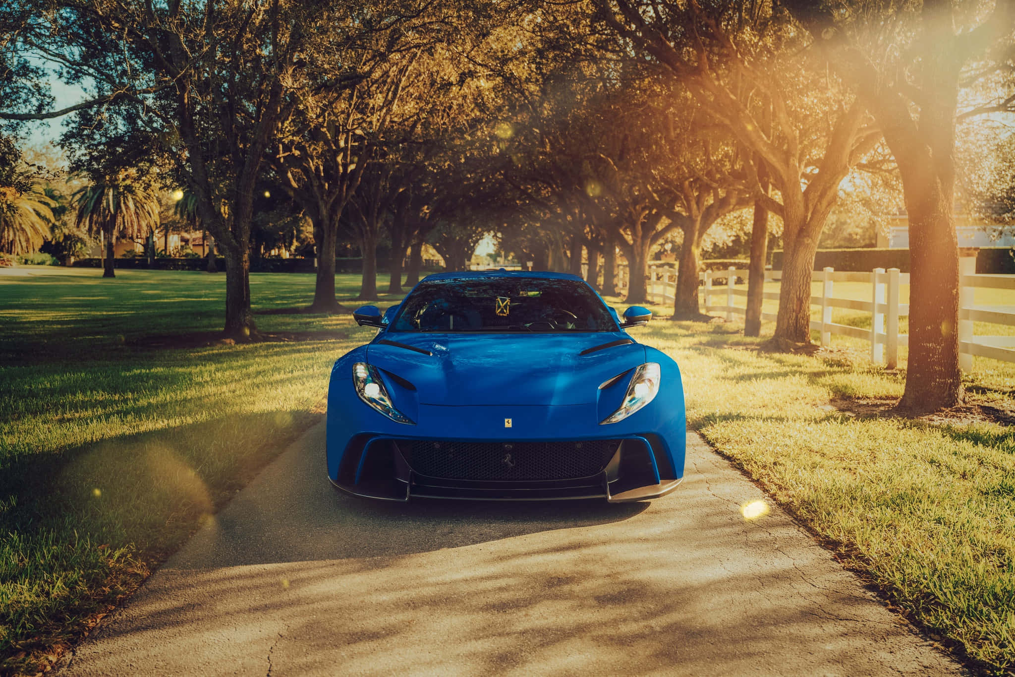 Ferrari 812 Superfast 桌布 壁紙 — 一輛充滿活力的藍色法拉利跑車在金色陽光下閃閃發光，行駛在一條綠樹成蔭的鄉村道路上。