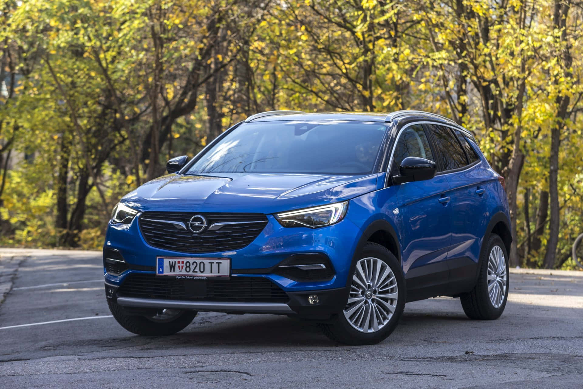 Opel Grandland X 桌布 壁紙 — 一輛充滿活力的藍色歐寶SUV停泊在鋪砌的道路上，周圍是金色的秋樹。