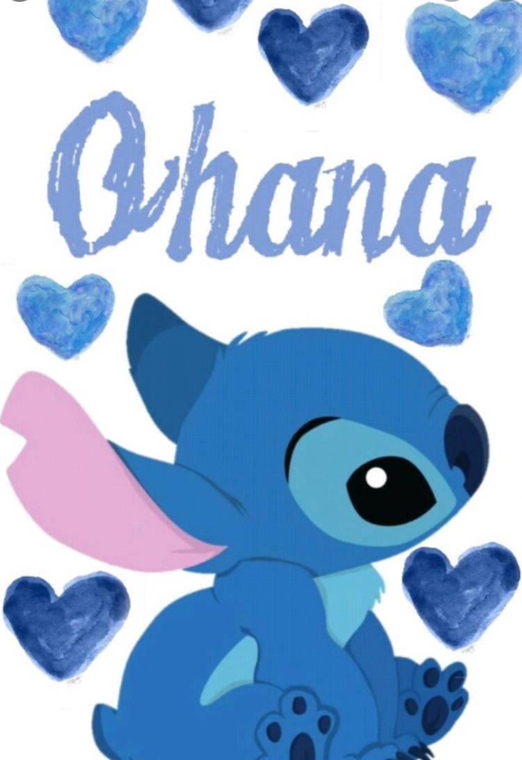 藍色史迪奇被藍色心形包圍，上方寫著Ohana。 — 心形 壁紙