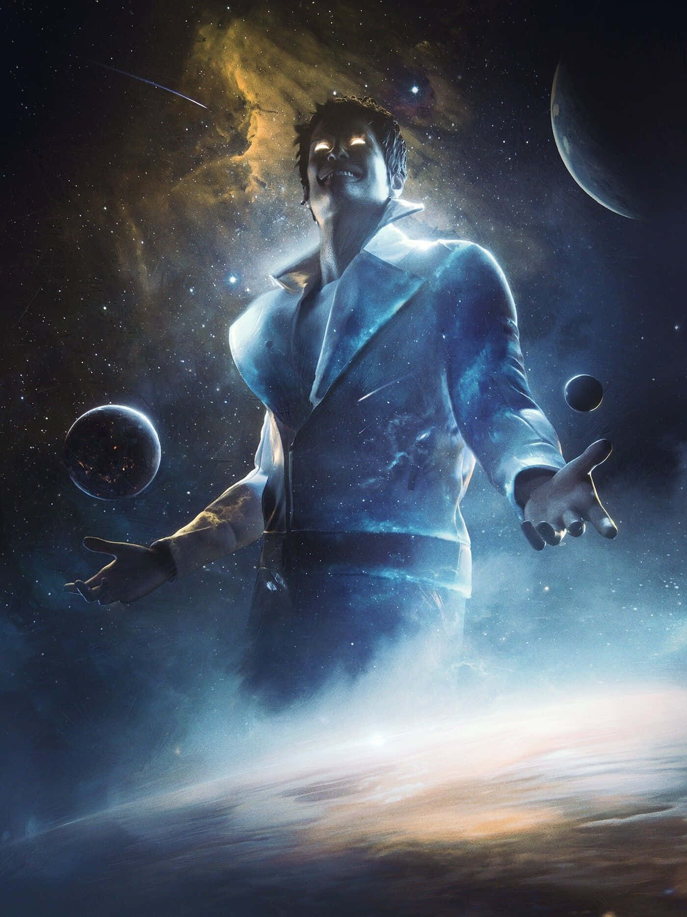  壁紙 — 一名身穿藍色西裝的男子站在宇宙星雲和漂浮行星之間，敬畏地張開雙臂。