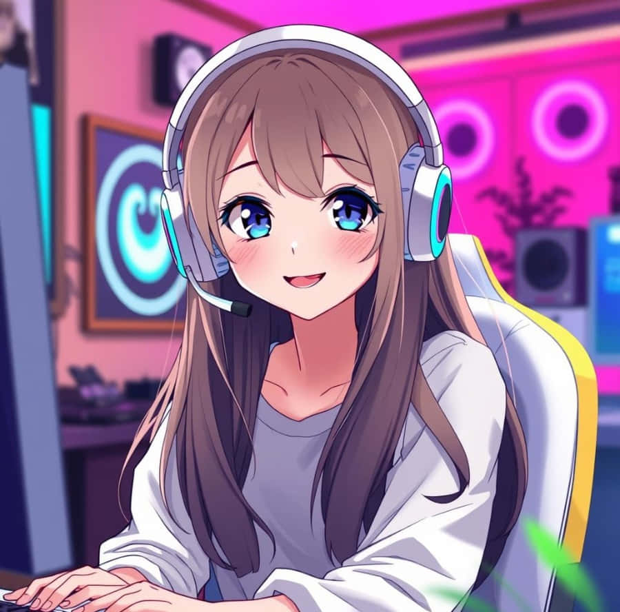  壁紙 — 藍眼睛、戴耳機的動漫女孩在霓虹燈房間裡玩遊戲時溫暖地微笑。