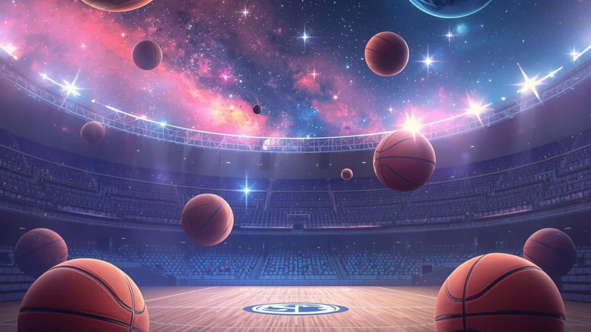  壁紙 — 籃子在零重力下漂浮，上方是閃爍著星星和星雲的宇宙體育館天花板。