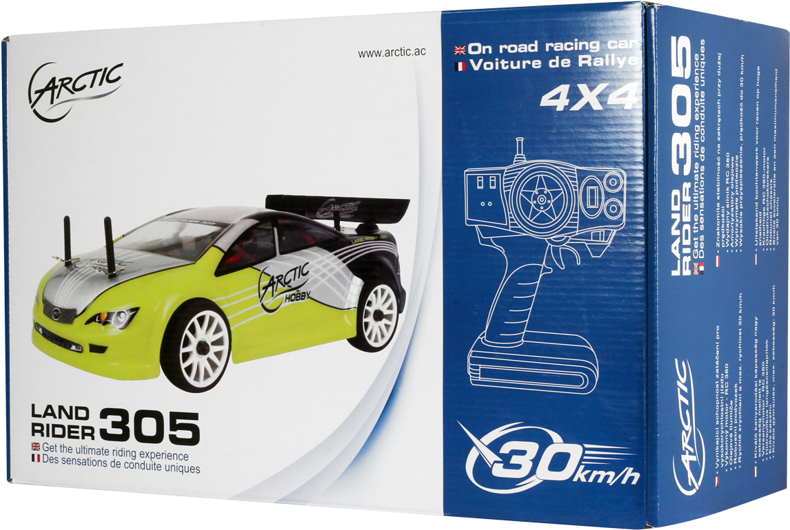 北極Land Rider 305遙控車包裝 壁紙 — 一輛明亮的青檸綠色4x4遙控拉力賽車，帶有黑色點綴和白色車輪，展示在其藍白相間的產品盒上。
