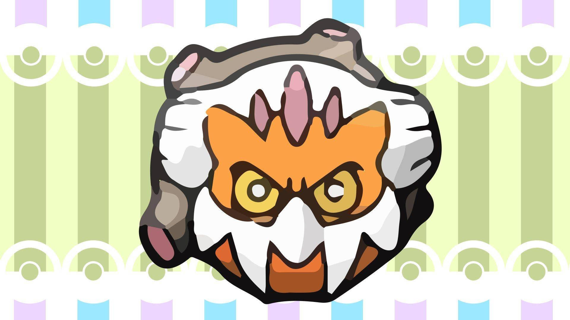 Landorus 水彩風格桌面 壁紙 — 一個卡通風格的橙色和白色生物，有尖銳的牙齒和憤怒的眼睛，在粉彩條紋背景前直視前方。