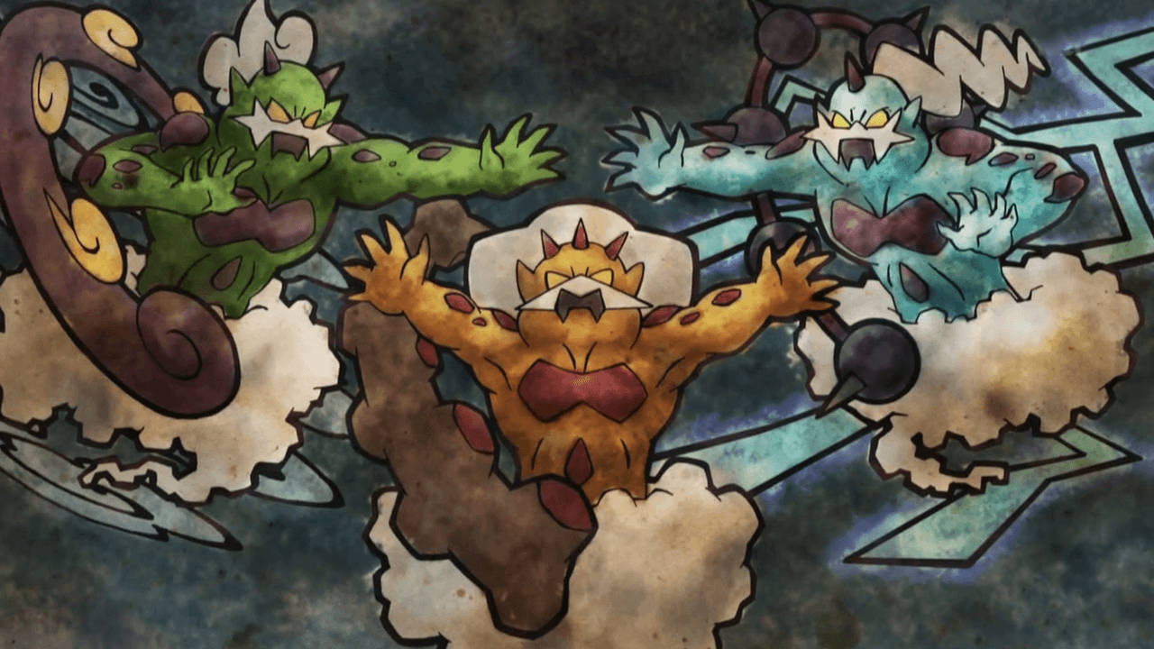 傳說寶可夢Landorus、Thundurus、Tornadus同人藝術 壁紙 — 三隻兇猛的寶可夢在暴風雲中激烈戰鬥，姿態動感，色彩鮮明。