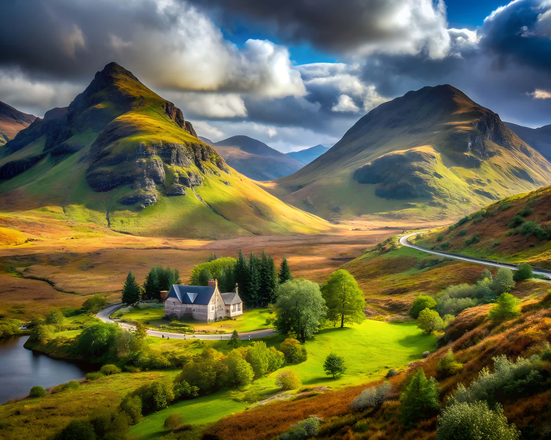 綠色山谷中的石屋，有山脈和蜿蜒的道路