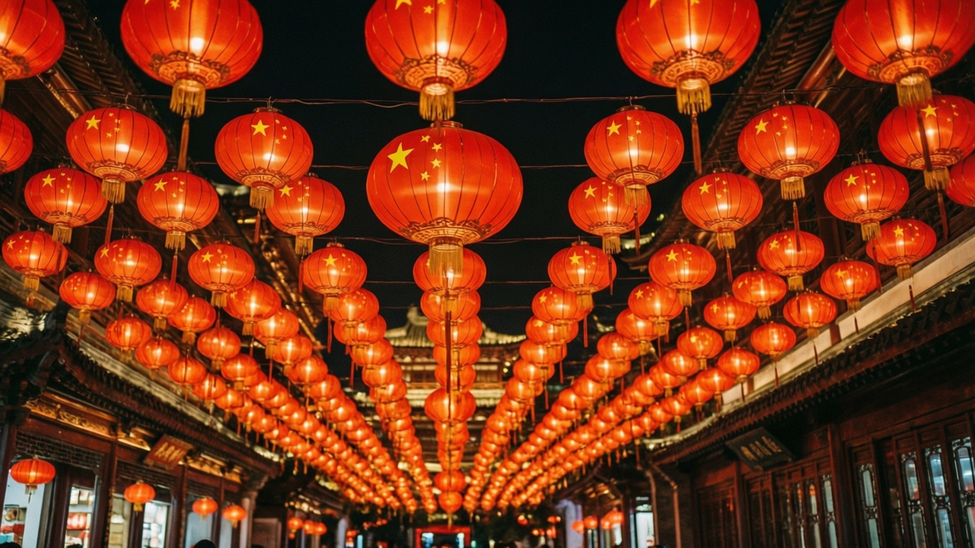一排排紅色燈籠，上面有黃色星星，掛在傳統中國庭院的上空，夜晚時分。