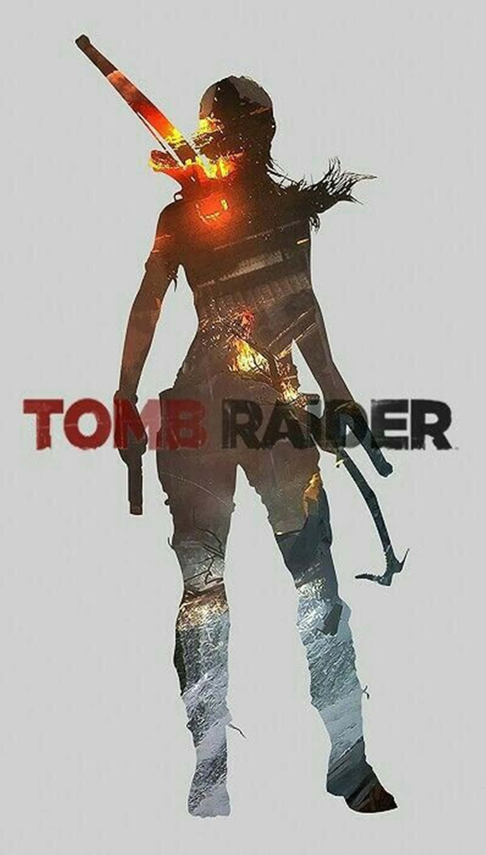 Tomb Raider 女主角剪影，帶有發光武器和火焰效果。