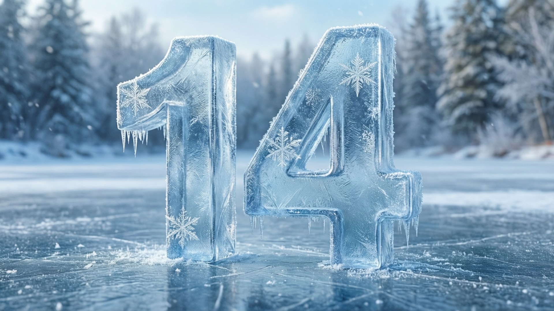 桌布 壁紙 — 大型冰雕數字14矗立在冰凍地面上，周圍有雪花和冰柱，背景是冬日森林。