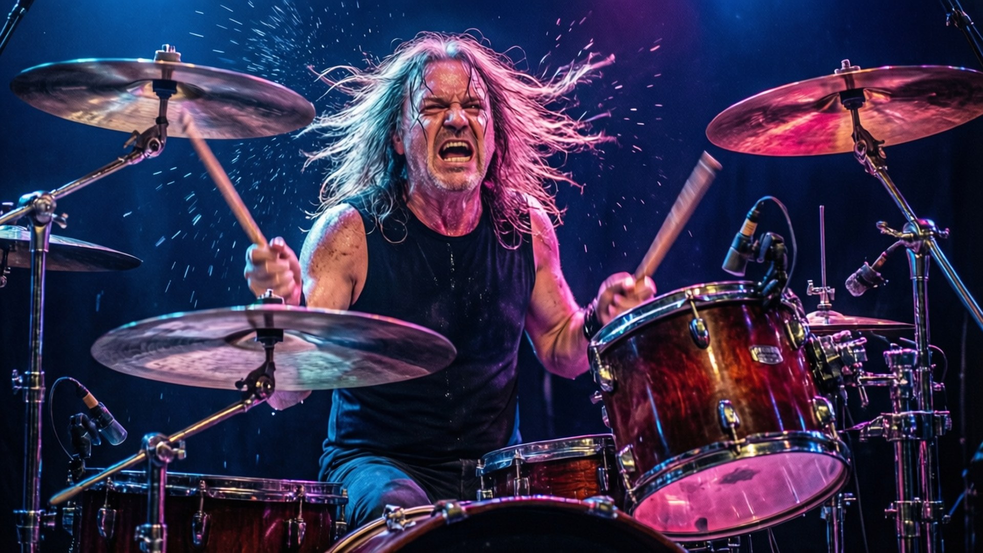 Lars Ulrich 鼓擊風暴 壁紙 — 一位頭髮狂野的鼓手在充滿活力的舞台燈光下激烈地尖叫著演奏鼓組。