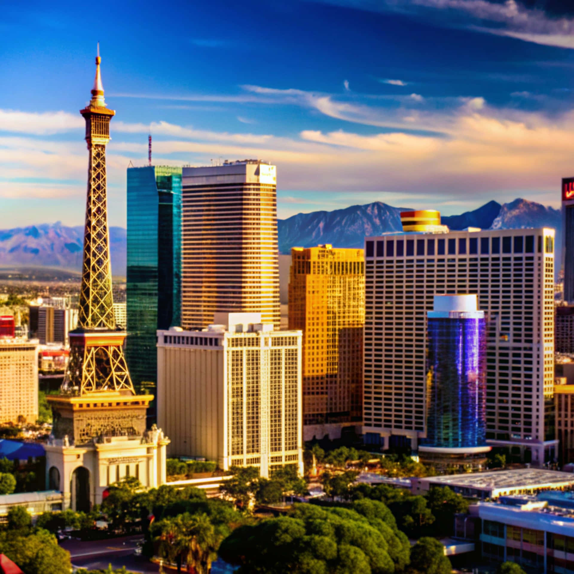 Las Vegas Skyline 壁紙 — 拉斯維加斯天際線上的 vibrant 日落，背景是 Stratosphere Tower 和閃爍的酒店，遠處有山脈。