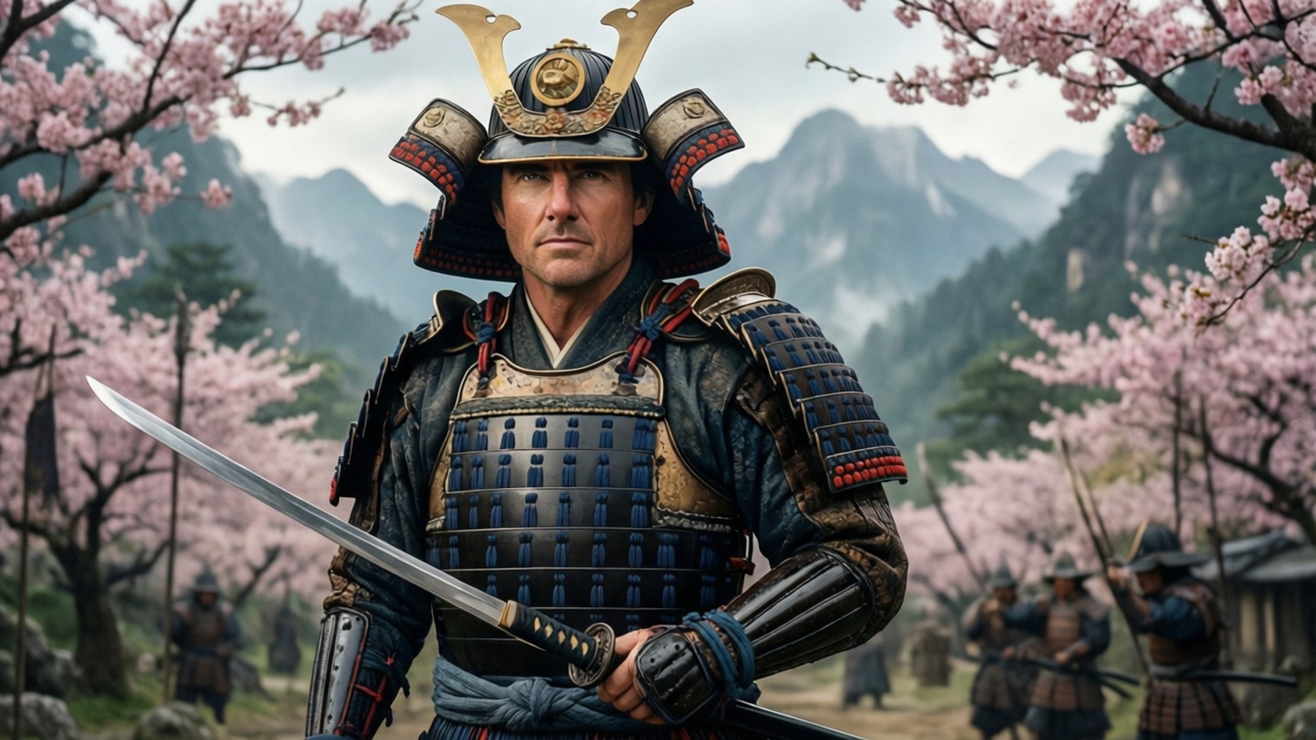 Last Samurai 壁紙 — 一位身穿精細盔甲的武士，在粉紅櫻花下手持武士刀，背景是霧氣繚繞的山巒。