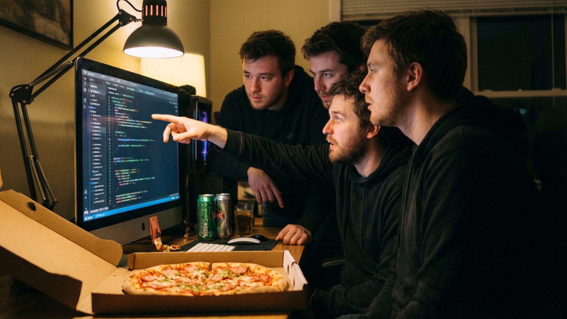 Late Night Coding 壁紙 — 四個穿著深色連帽衫的男人圍在一個發光的顯示器旁，顯示器上顯示著代碼，他們在昏暗的房間裡吃著薄餅。
