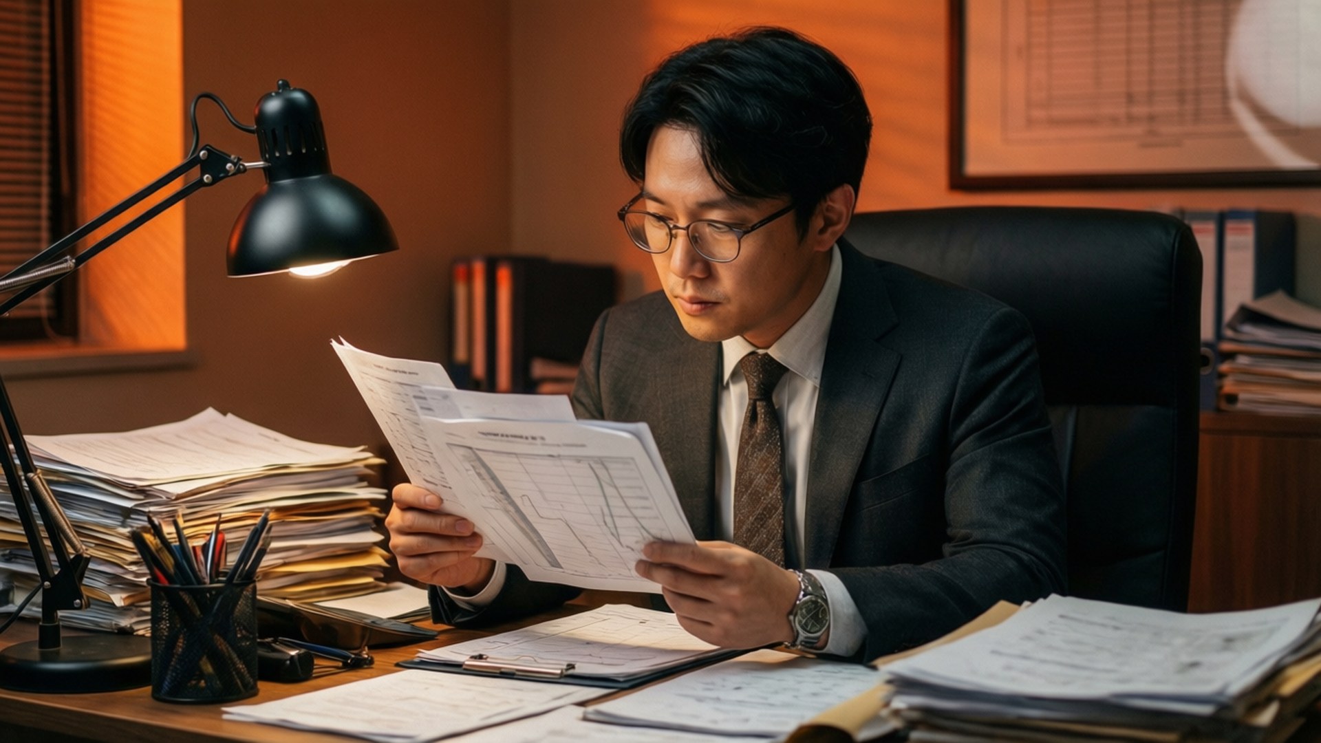 身穿西裝、戴眼鏡的男子在溫暖的燈光下，在雜亂的木桌上審閱文件。