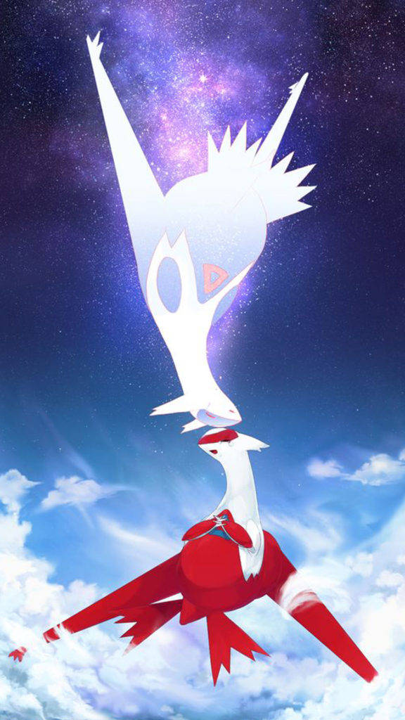 Latias 與 Latios 寶可夢 iPhone 壁紙 — 兩隻雄偉的寶可夢在充滿雲朵和發光宇宙星雲的鮮豔天空中翱翔。