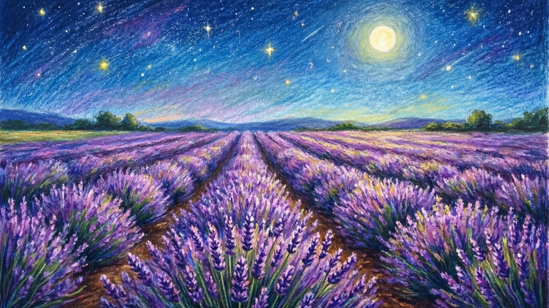 繁星點點夜空下的薰衣草田，有發光的月亮和流星