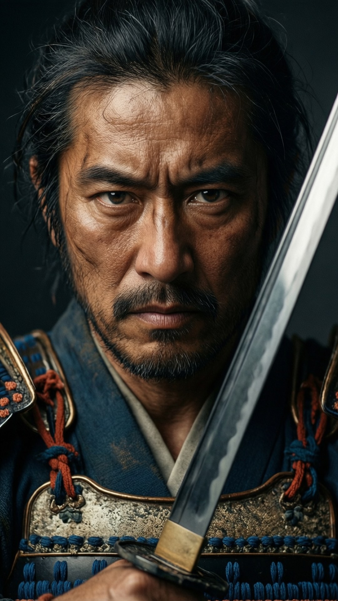 一位身穿盔甲的武士戰士，表情嚴肅地握著劍。