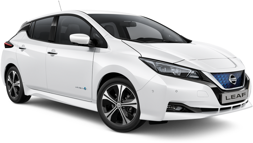 白色日產Leaf電動車側面視圖 壁紙 — 一輛時尚的白色日產Leaf電動車在黑色背景下的攝影棚燈光中展示。