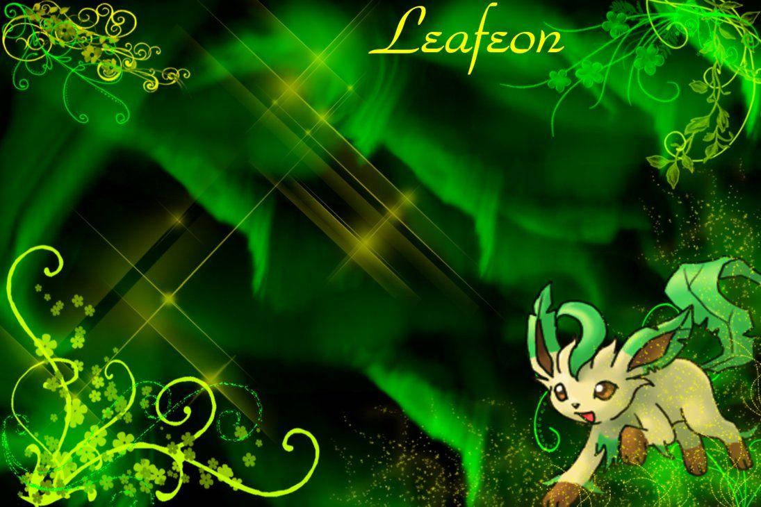 神秘的Leafeon與極光 壁紙 — 一隻可愛的葉伊布寶可夢站在閃爍光芒的綠色森林中，周圍有閃亮的光點和華麗的花卉邊框。