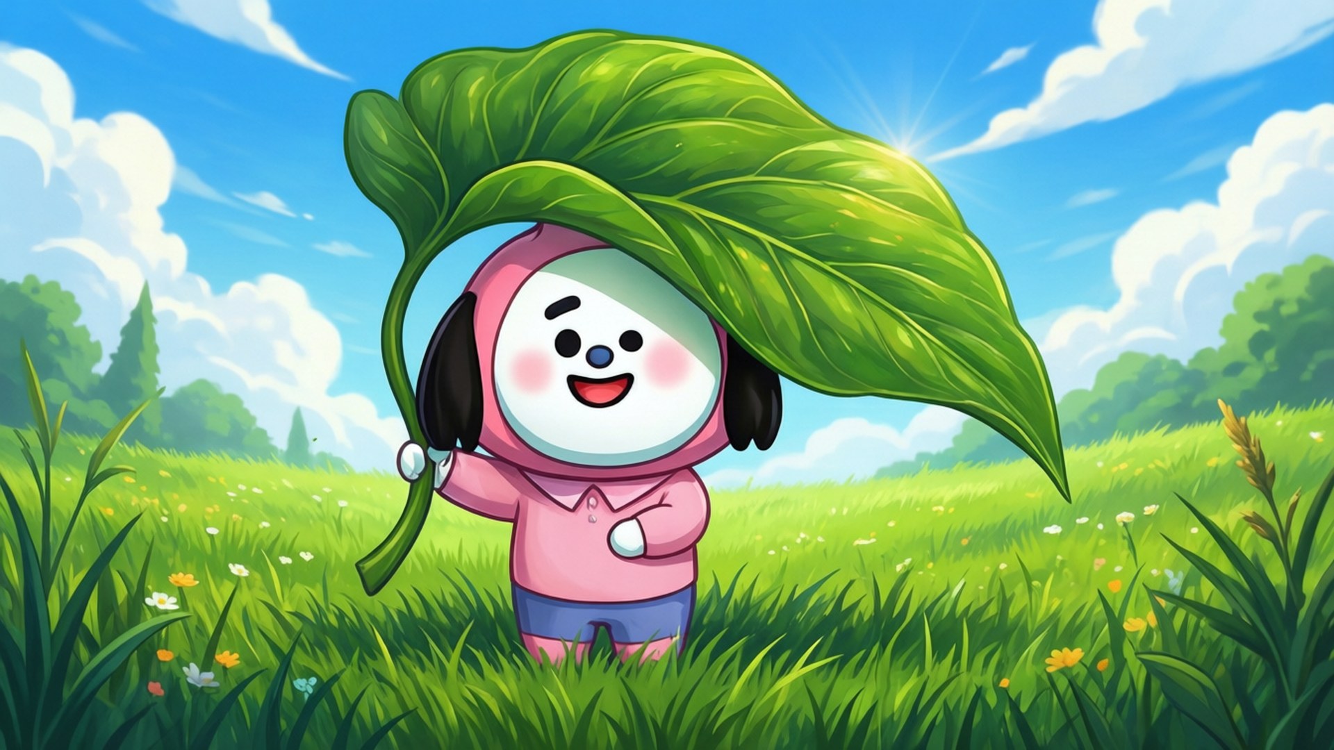 一個穿著粉紅色服裝的卡通小孩在陽光明媚的草地上拿著一片巨大的綠色葉子當作雨傘。